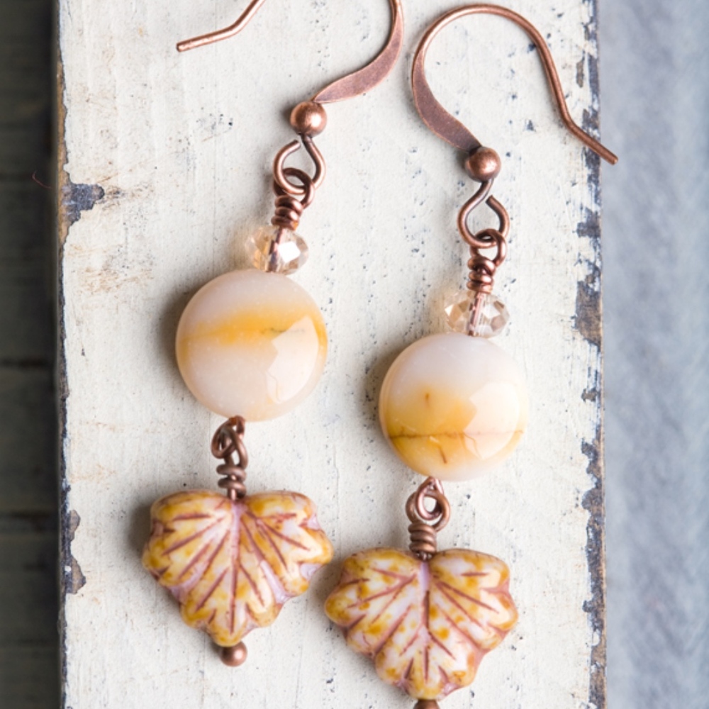 Cream Maple Leaf Earrings Handmade New! Copper